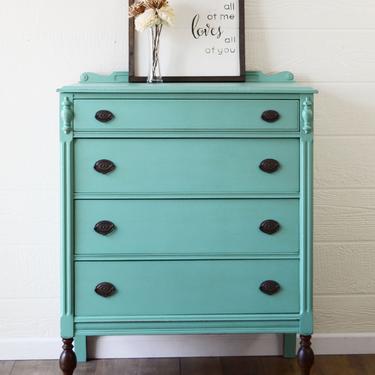 SOLD Antique Teal Highboy Dresser, Stained Dipped Legs, Refinished Painted Dresser, Statement Piece, Shabby Chic Furniture, 4 Drawer Dresser 