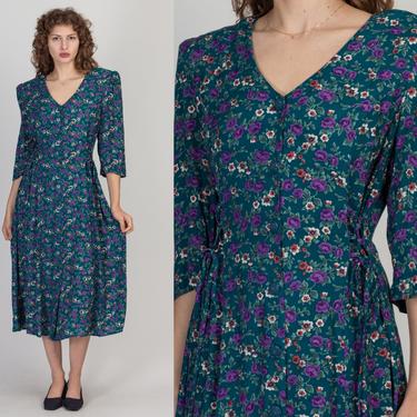 80s 90s Floral Corset Tie Midi Dress - Extra Large | Vintage Teal Grunge Button Up 3/4 Sleeve Dress 