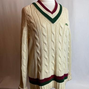 VTG Izod  Lacoste preppy college sweater~ cable knit dark green &amp; red stripes~ V neck pullover~ alligator classic preppy vibes~ XLG 