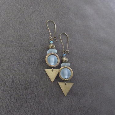 Blue sea glass earrings, boho chic earrings, tribal ethnic earrings, bold earrings, long brass earrings, unique artisan earrings, ice blue 