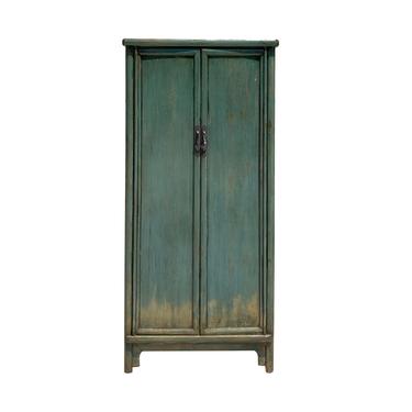 Chinese Oriental Distressed Pastel Moss Green Lacquer Slim Storage Cabinet cs6125E 