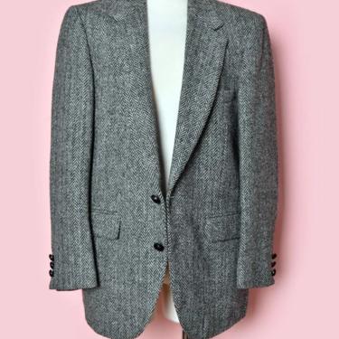 60's Scottish Harris Tweed Wool Blazer Jacket, 38 Short , 40&quot; Chest, Vintage Black Gray Coat Hebrides Scotland 1960's, 70's Dark Academia 