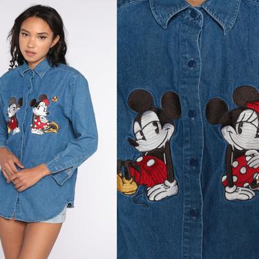 Mickey and Minnie Shirt Y2K Disney Shirt Denim Shirt Mickey Mouse Button Up Vintage 00s Jean Shirt Blue Small S 