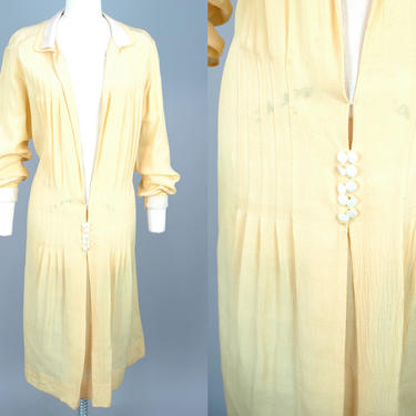 1920s Yellow &amp; Cream Silk Dress | Vintage 20s Day Dress with Tie Waist | large / xl 