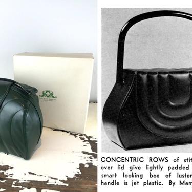 Concentric Flows - Vintage 1940s Dark Forest Green Box Bag Leather Handbag Purse - Very Rare 