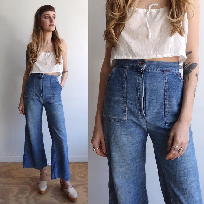 Vintage 70s Bell Bottom Jeans/ 1970s High Waisted Wide Leg, Bottle of Bread