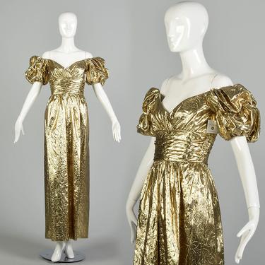 XS 1980s Mike Benet Gold Lamé Evening Gown Metallic Formal Prom Dress 