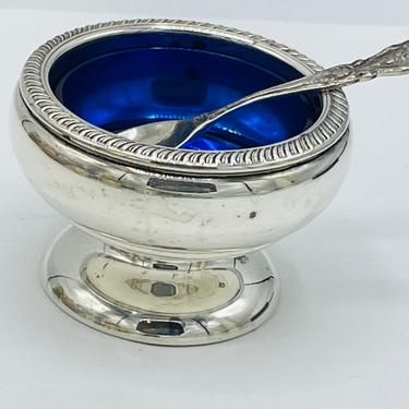 Vintage Fisher Sterling Silver Pedestal Salt Cellar Cobalt Blue Glass Liner Sterling Spoon  2.25&quot; Rope Rim 