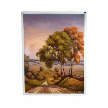 Vintage Large Impressionist Oil Painting Country Road Rolling Hillside Autumnal Landscape 