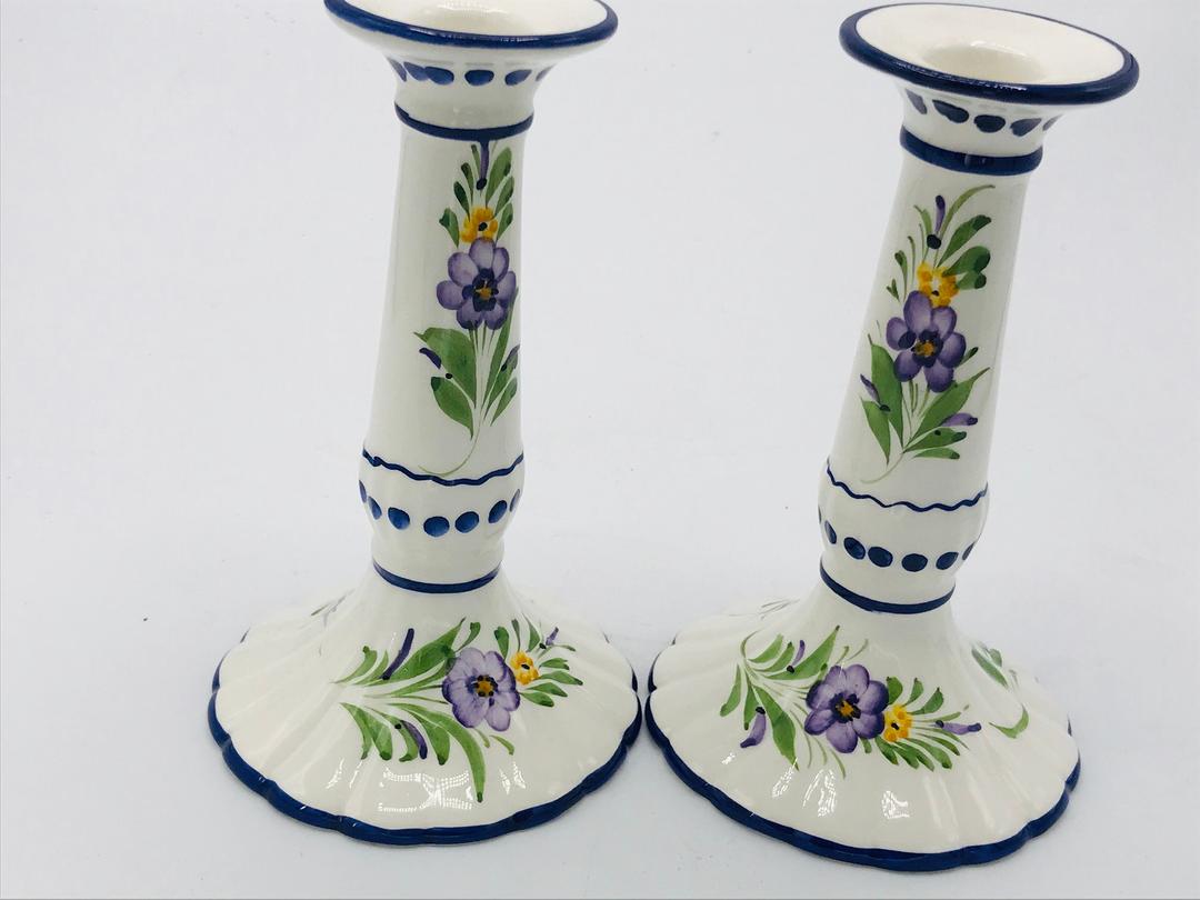 Vintage Pair of Portugal Hand Painted Ceramic Candle Holders Art