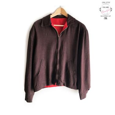 40's Men's Dark Brown & Red Gaberdine Jacket, Rockabilly, Metal Lightning Zipper, 1940's, 1950's Swing era, 50&quot; Chest Coat, Large Size 