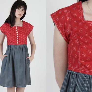 Vintage 70s Dirndl Inspired Dress / Americana Festival Summer Mini Dress / German Waitress Costume Dress With Pockets 