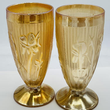 Vintage Pair of Jeanette Glass Iris & Herringbone Marigold Depression Glass Vase GOBLET 6&quot;- Carnival Glass Peach 