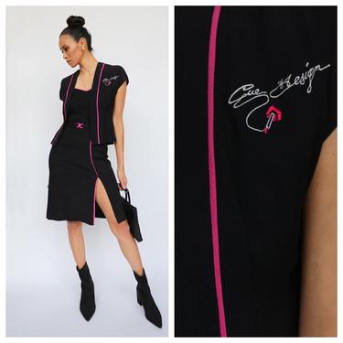 Vintage 70's Cigarette Print Dress / Lip Print Dress / Black Crepe High Pink Slit Dress with Short Sleeve Jacket 