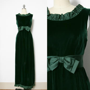 1960s Dress Green Velvet Full Length Gown S 