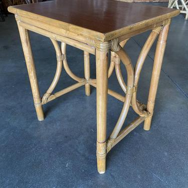 Restored &quot;Hour Glass&quot; Rattan Side Table w/ Acacia Koa Wood Top 