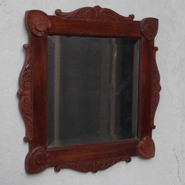 Antique Carved Wood Square Beveled Wall Mirror 