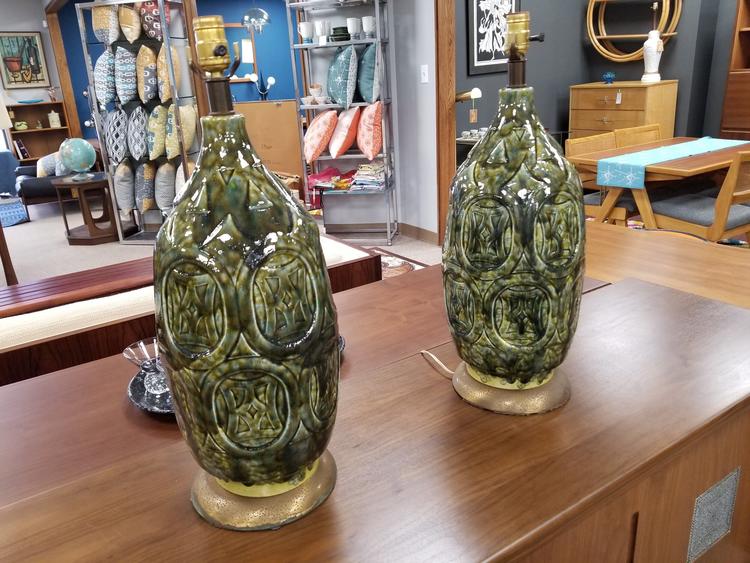Pair of Mid-Century Modern drip glaze lamps