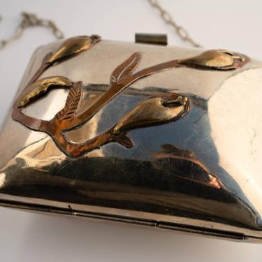 Vintage purse silver and brass mixed metal tulip deco stamped Alpaca with long chain strap,  1970's 