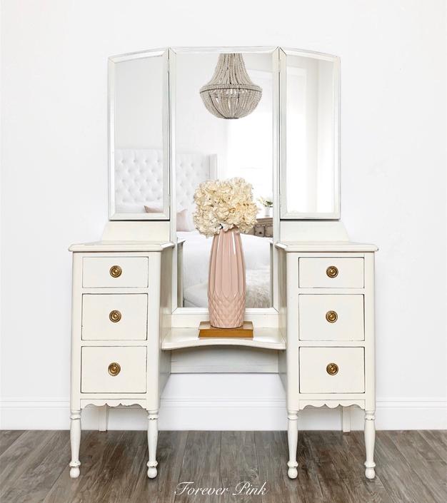 Vintage White Vanity with Trifold Mirror, Antique White Painted ...