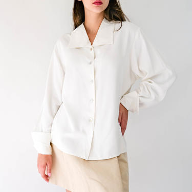 Vintage 90s Does 40s Halston Ivory French Cuff Rayon Blouse w/ Lapel Collar & Original Tags | Made in USA | 1990s Does 1940s Designer Top 