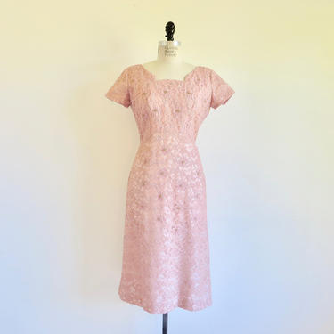 Vintage 1950's Pink Lace Sheath Dress with Train Spring Pearl Sequin Trim Wedding Bridal Party Rockabilly Norman Original 30&amp;quot; Waist Medium 