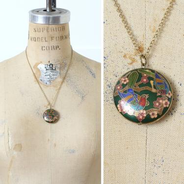 vintage cloisonné bird necklace • round green medallion enamel pendant • bohemian birds 
