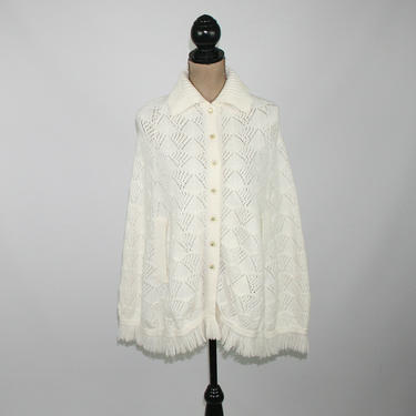 70s White Pointelle Poncho with Fringe, Acrylic Knit Sweater Cape, Collared Button Up, 1970s Clothes Women, Vintage Clothing from Sears 