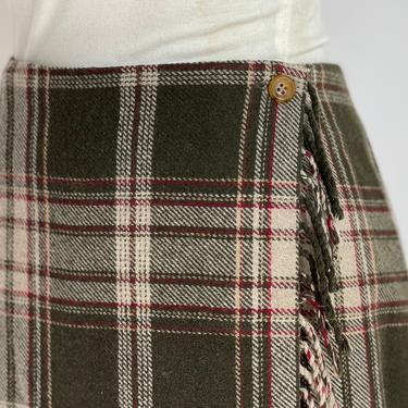 Retro Wool Blend Plaid Skirt Mossy Green Tan and Red Large 
