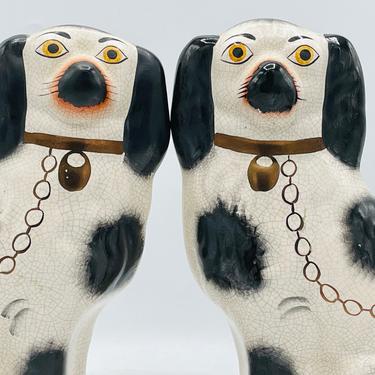 Vintage Large Staffordshire Style SPANIEL DOG FIGURINE Porcelain Black & White Crackle Finish- 12&quot; 