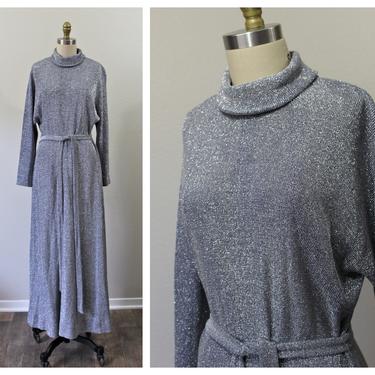Vintage 1970s 60s Jayna NY Silver Ice Queen Metallic Lurex sweater knit Maxi Dress showgirl New Years Eve  // Modern Size US 8 10 12 Med Lg 