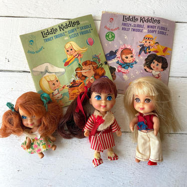 Vintage Little Kiddles, Set of 3 // Trikey Triddle, Just Doll With Book // Soapy Siddle, Just Doll With Book // Lola Liddle No Hat Or Shoe 