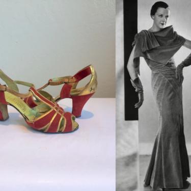 The Velvet Touch - Vintage 1930s Red Velvet & Gold Leather Evening Dress Heels - 6 1/2 
