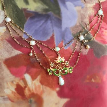 NOT FOR SALE--Installment Payment 2of5 Due 9/14----Vintage Opal, Pearl and Enamel Festoon Necklace 15 Inches 10k Gold 