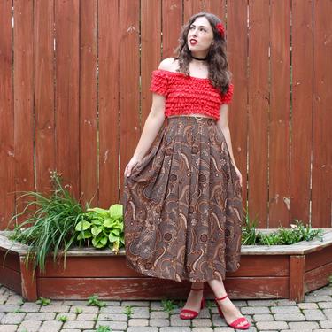 Vintage 1980s Silk Paisley & Houndstooth Print Skirt - Brown Pleated Midi Skirt - M 