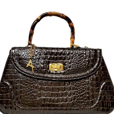 Andalossi Leather Satchel Large - Croc Embossed Leather Top Handle Handbag - Designer Purse 