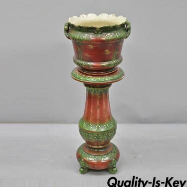 Antique Victorian Haynes Balt Pottery 2 Pc Jardiniere Pedestal Planter