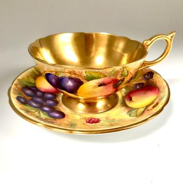 Vintage Aynsley Gold Orchard Teacup Saucer Set, Signed Hand-Painted N. Brunt Design c 1939, Gilded English Bone China 
