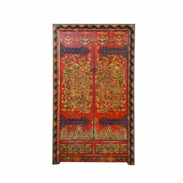 Chinese Tibetan Dragon Flower Graphic Tall Armoire Wardrobe Cabinet cs7079E 