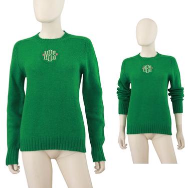 1960s Kelly Green Monogram Sweater NSB - Vintage Monogram Initials Sweater - 1960s Green Sweater - Vintage Green Sweater | Size Medium 