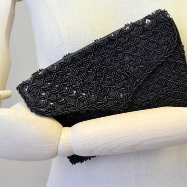 1960s Bag by Debbie Black Satin Beaded Clutch 