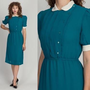80s Teal Green Peter Pan Collar Dress - Small | Vintage Sheer Contrast Trim Boho Midi Dress 