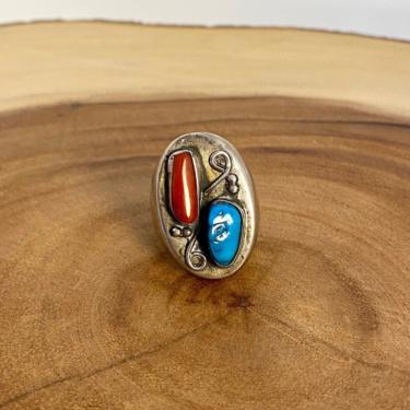 RING TRUE Vintage 70's Silver, Turquoise, and Coral Ring | Native American Navajo Southwestern Style | Statement Jewelry | Size 9 1/2 