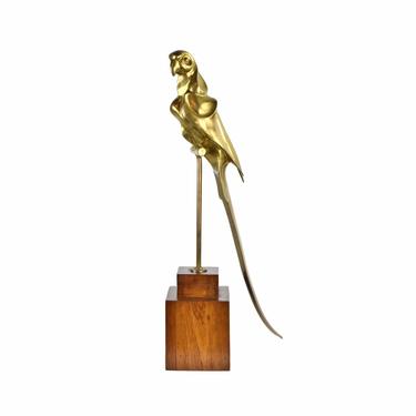 Vintage Mid-Century Modern Bronze Parrot Bird on Perch Sculpture 