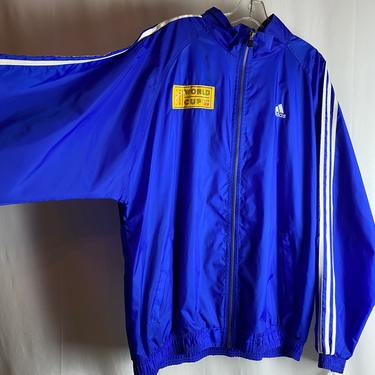 1999 women’s World Cup~ soccer hooded jacket~ XLG tall size~ bright blue race stripes~ sportswear ~ retro FIFA 