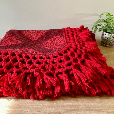 Vintage Bedspread Throw with Fringe - Red Boho Style Throw - Red Burgundy Brown - Full/Queen Bedspread 
