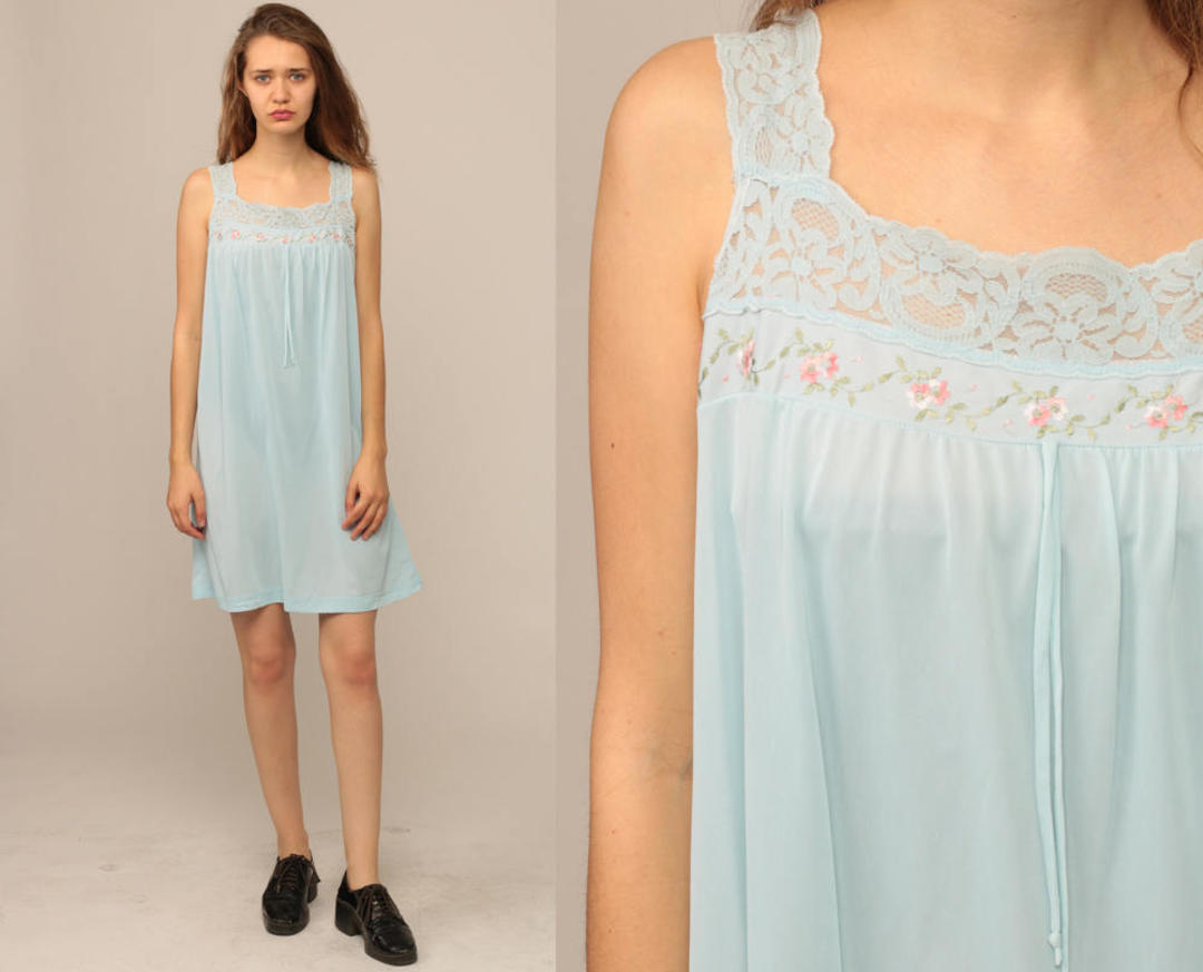 Pastel Nightgown Slip Dress Nylon Nightgown Lingerie 70s Babydoll Mini