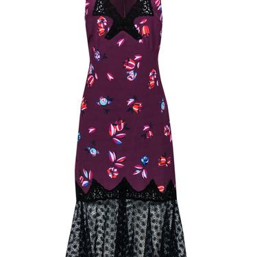 Rebecca Taylor - Plum Floral Print Silk Dress w/ Black &amp; Navy Lace Trim Sz 8