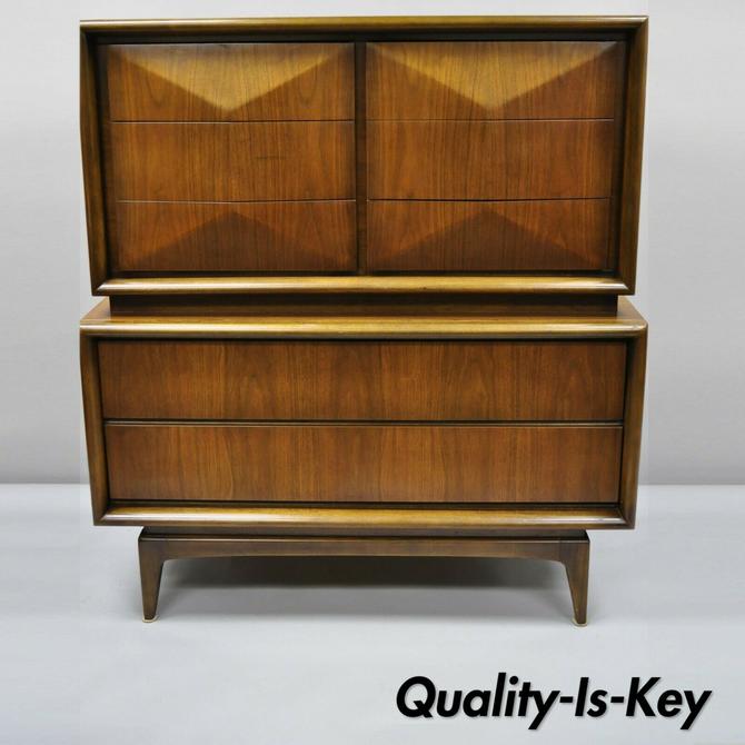 Mid Century Modern Diamond Front Walnut Tall Chest Dresser By