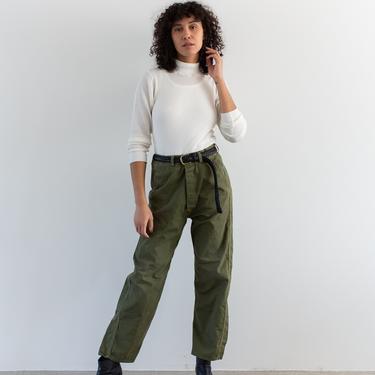 Vintage 30 31 Waist Olive Green Herringbone Twill Army Pants | Unisex Utility Fatigues Military Trouser | Metal Button Fly | 